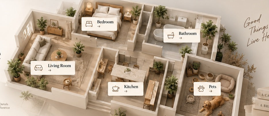 LIVORA room map with Bedroom, Bathroom, Living Room, Kitchen and Pets